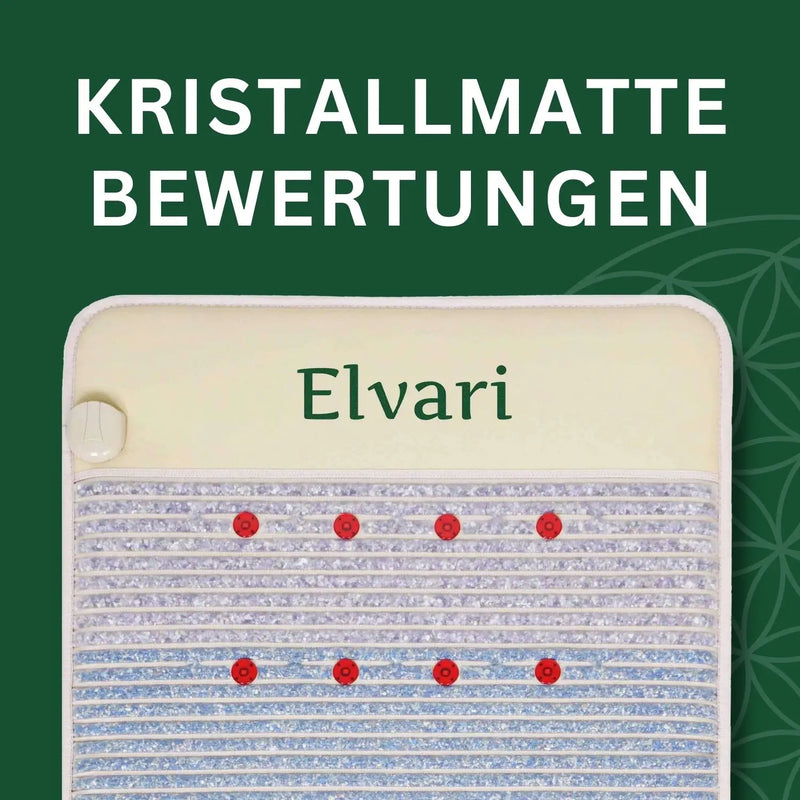 Alt-Text (Deutsch):
Elvari Kristallmatte mit positiven Bewertungen und Heilsteinen.
