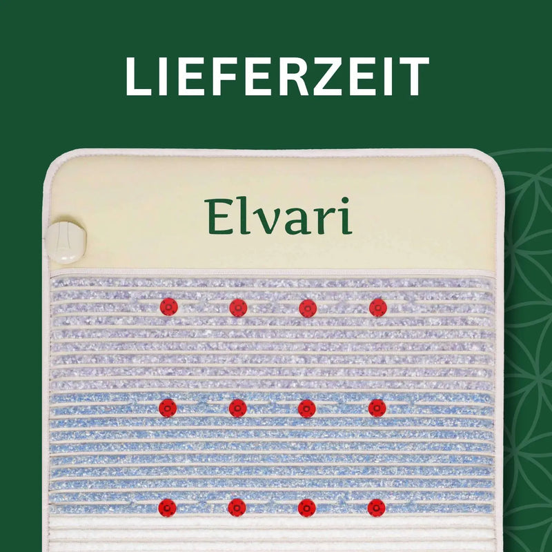 Alt-Text (Deutsch):
Lieferzeit der Elvari Kristallmatte mit roten Therapie-Steinen.