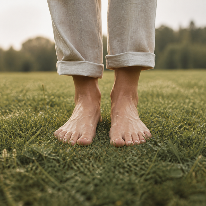 Barfuß auf Gras als Symbol für direkten Kontakt zur Erde