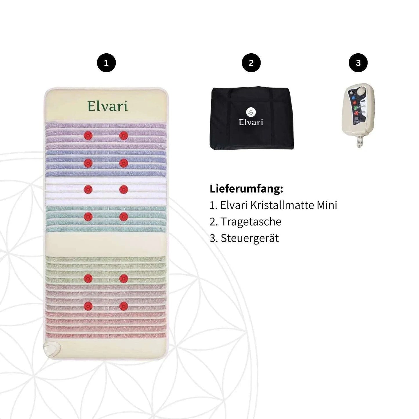 Lieferumfang der Kristallmatte Mini gebraucht: Matte, Tragetasche und Steuergerät, perfekt für gesundheitsbewusste Käufer.