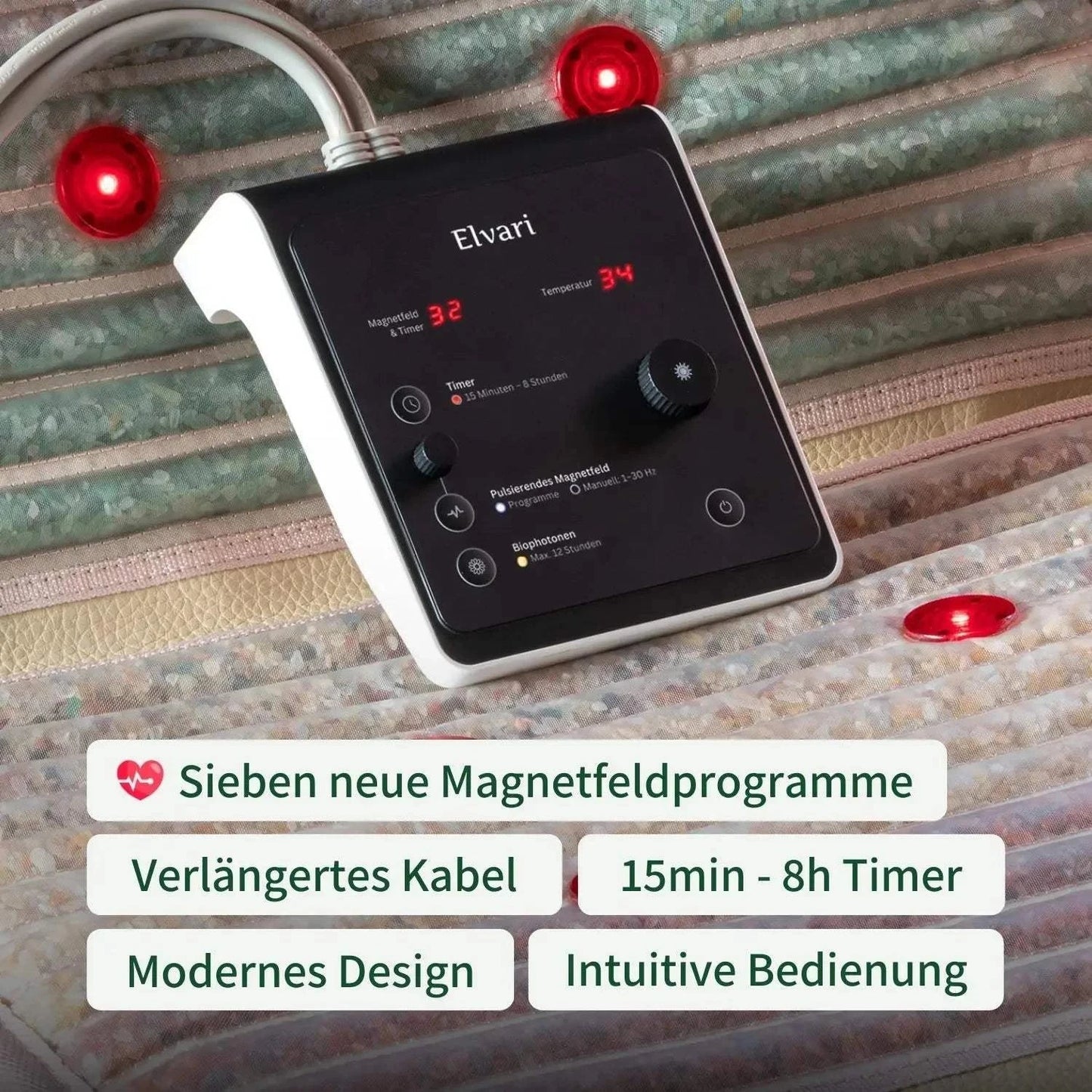 Elvari® Controller Pro auf Kristallmatte mit roten Lichtpunkten, zeigt neue Magnetfeldprogramme und Timer-Funktion.