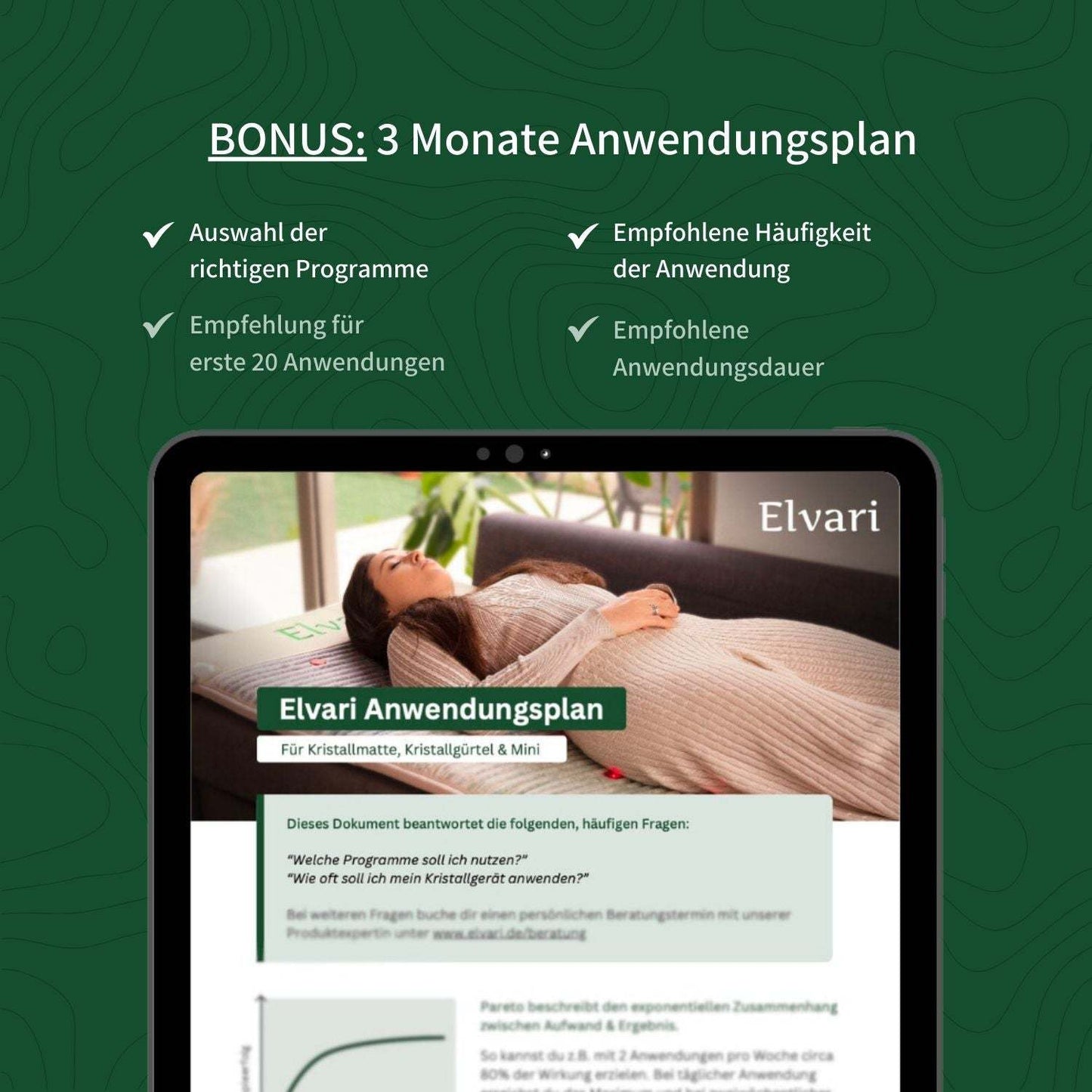Bonus: 3 Monate Anwendungsplan für die Elvari Kristallmatte 2.0 mit Programmempfehlungen und Anwendungsdauer zur optimalen Nutzung.