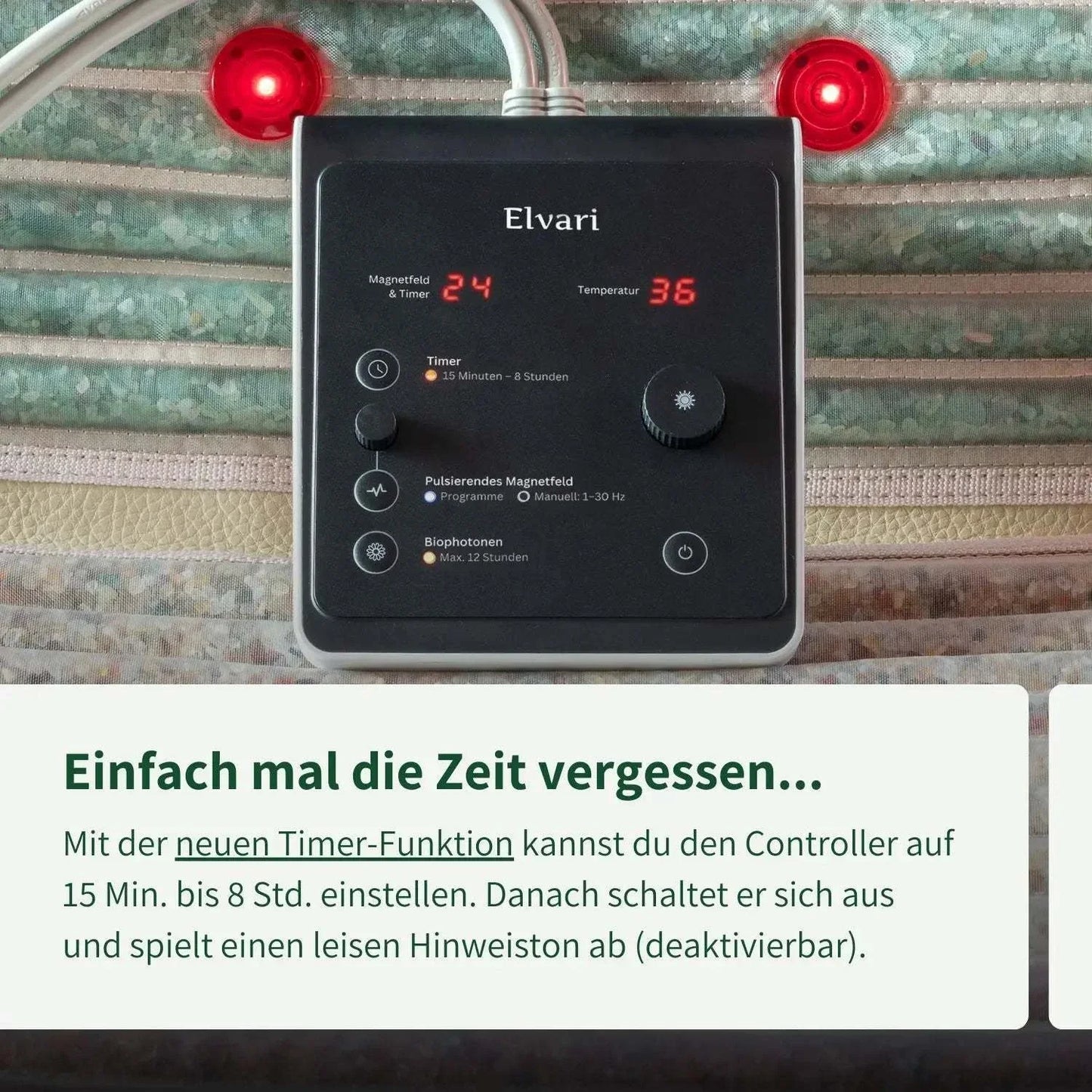 Elvari® Controller Pro auf Kristallmatte mit aktivierter Timer-Funktion, ideal für entspannte Anwendungen bis zu 8 Stunden.