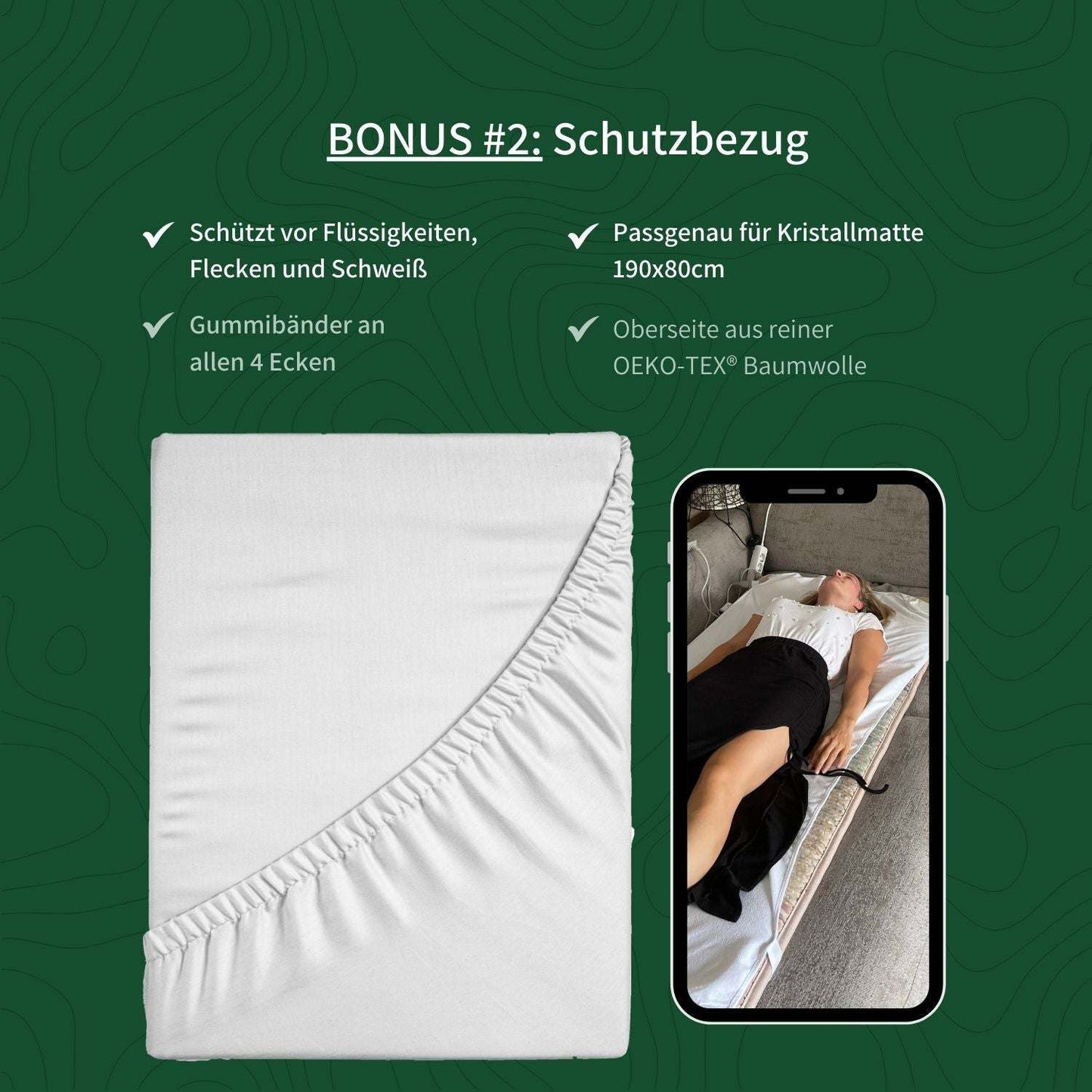 Bonus: Schutzbezug für Elvari Kristallmatte 2.0 aus OEKO-TEX Baumwolle, schützt vor Flüssigkeiten und passt perfekt mit Gummibändern.