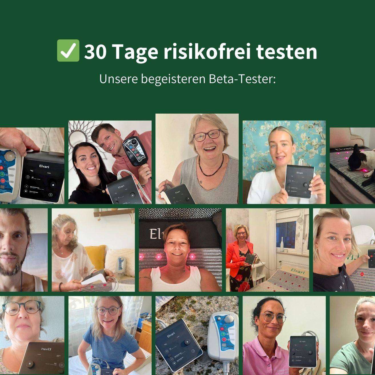 Zufriedene Beta-Tester präsentieren den Elvari® Controller Pro, 30 Tage risikofrei testen mit positiver Nutzererfahrung.