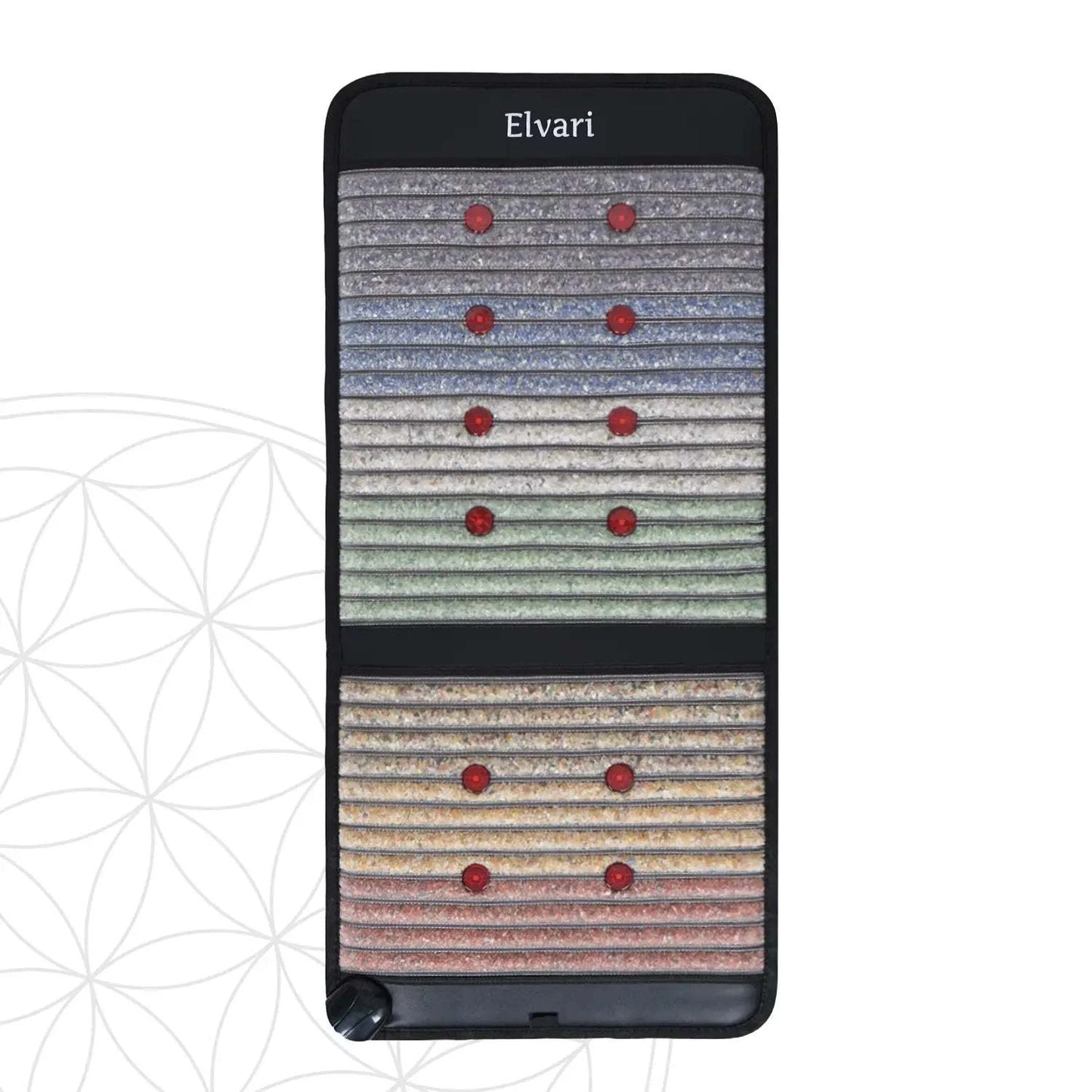 Kristallmatte Mini 2.0 in Schwarz von Elvari mit farbigen Heilsteinlinien und roten Magnetpunkten für ganzheitliches Wohlbefinden.