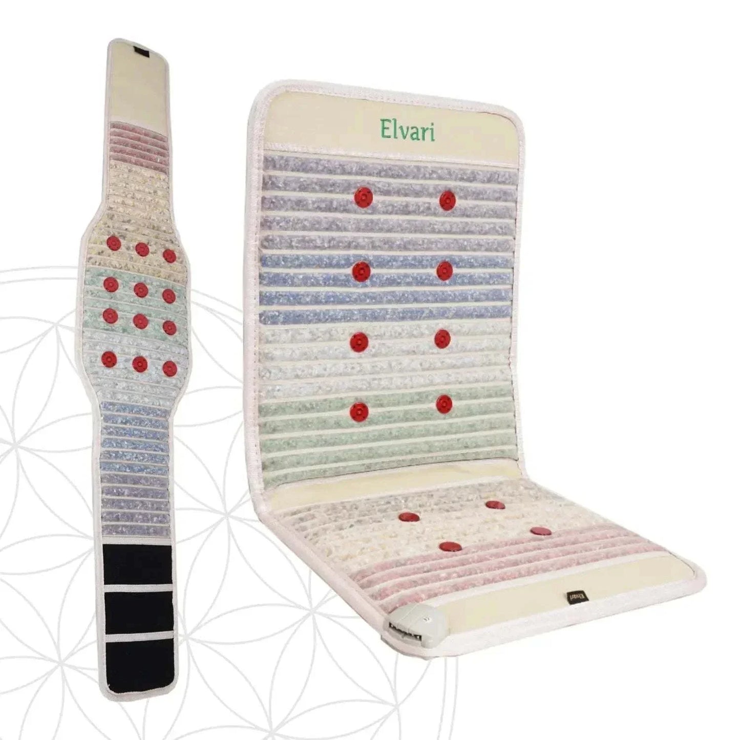 Kristallgürtel & Mini 2.0 Bundle von Elvari mit farbiger Kristallmatte und ergonomischem Gürtel, ideal zur Entspannung und Wärmetherapie.