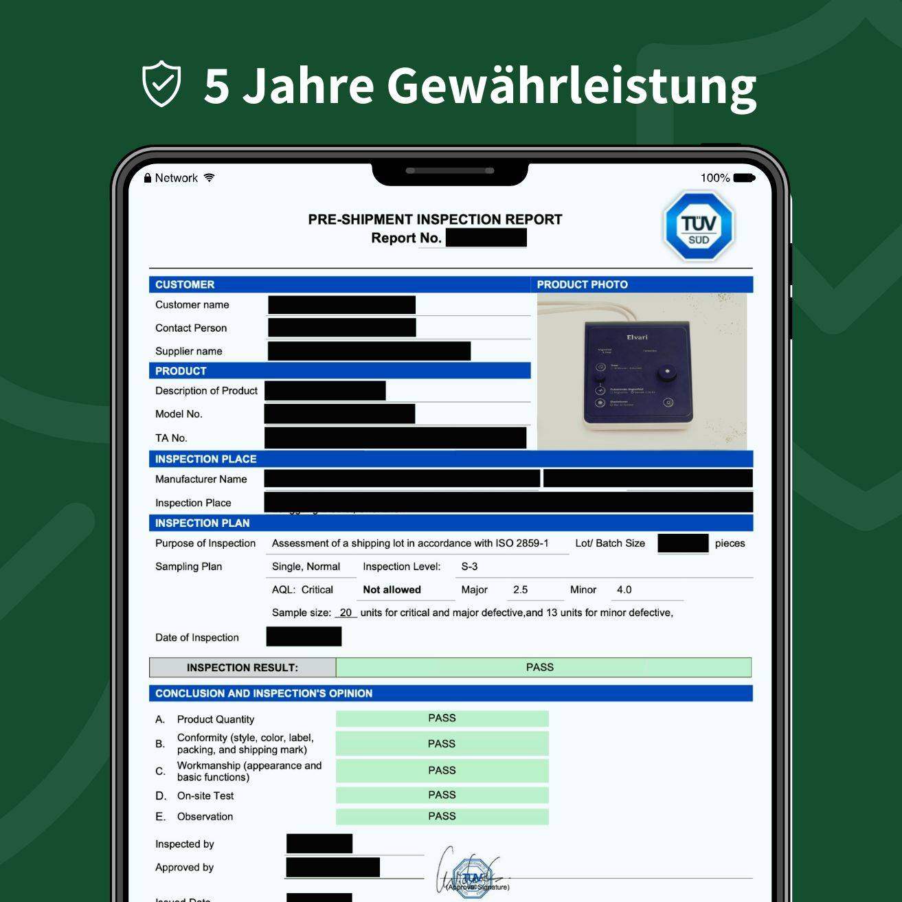 TÜV-Inspektionsbericht für Elvari® Controller Pro mit bestandenem Qualitätstest und 5 Jahren Gewährleistung.