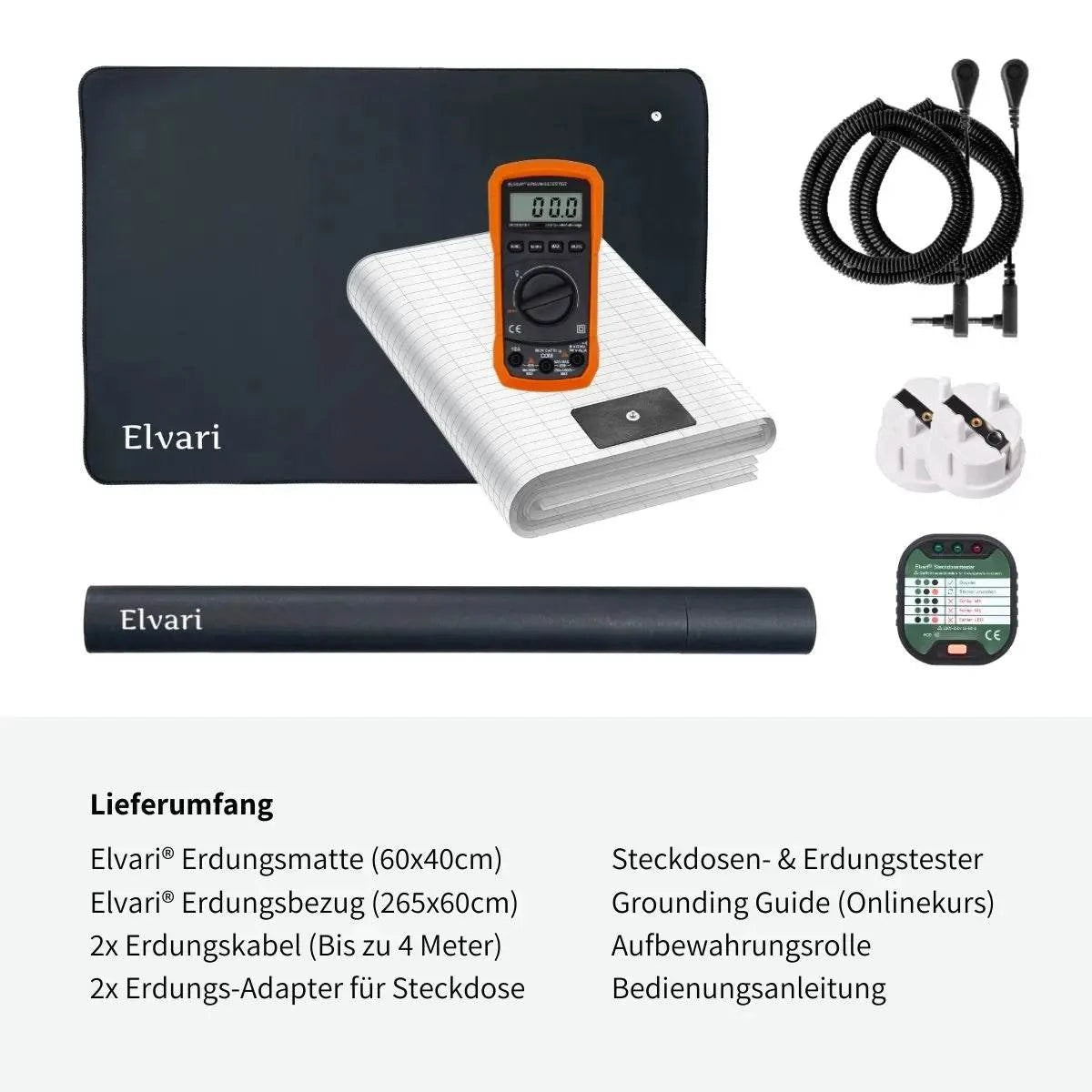Lieferumfang des Elvari® Erdungsbundles mit Matte, Bezug, Kabeln & Testgerät | Erdungsbundle online kaufen | Spare 169€ & profitiere von Premium Qualität