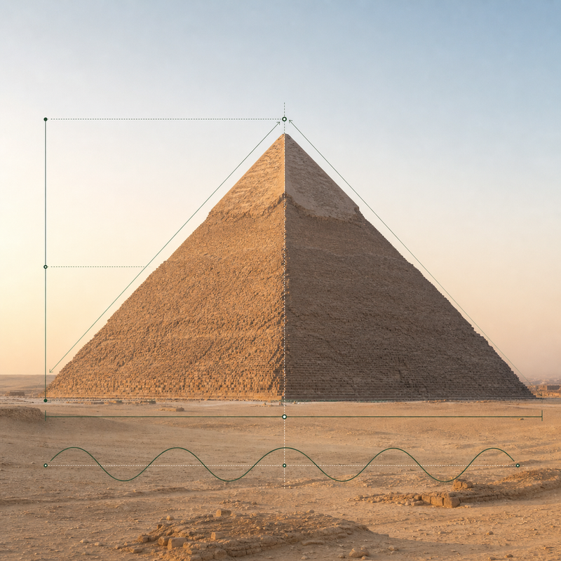Pyramiden-Frequenzen: Cheops-Pyramide mit Messlinien und Wellenform