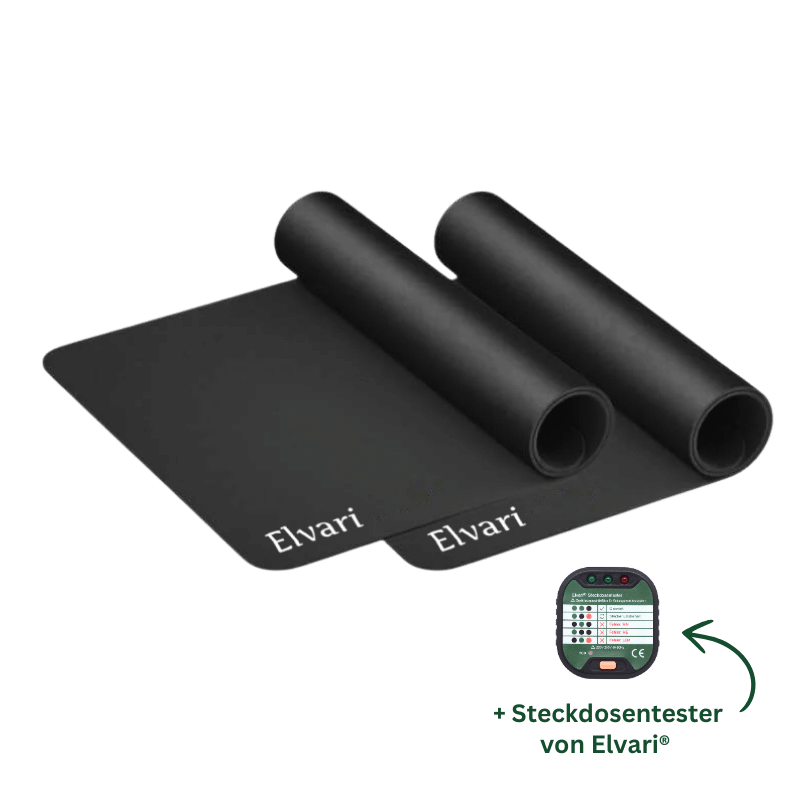 Zwei Elvari® Erdungsmatten 60x40cm mit Aufbewahrungsrolle und Steckdosentester, perfekt für grounding im Home & Garden Bereich.