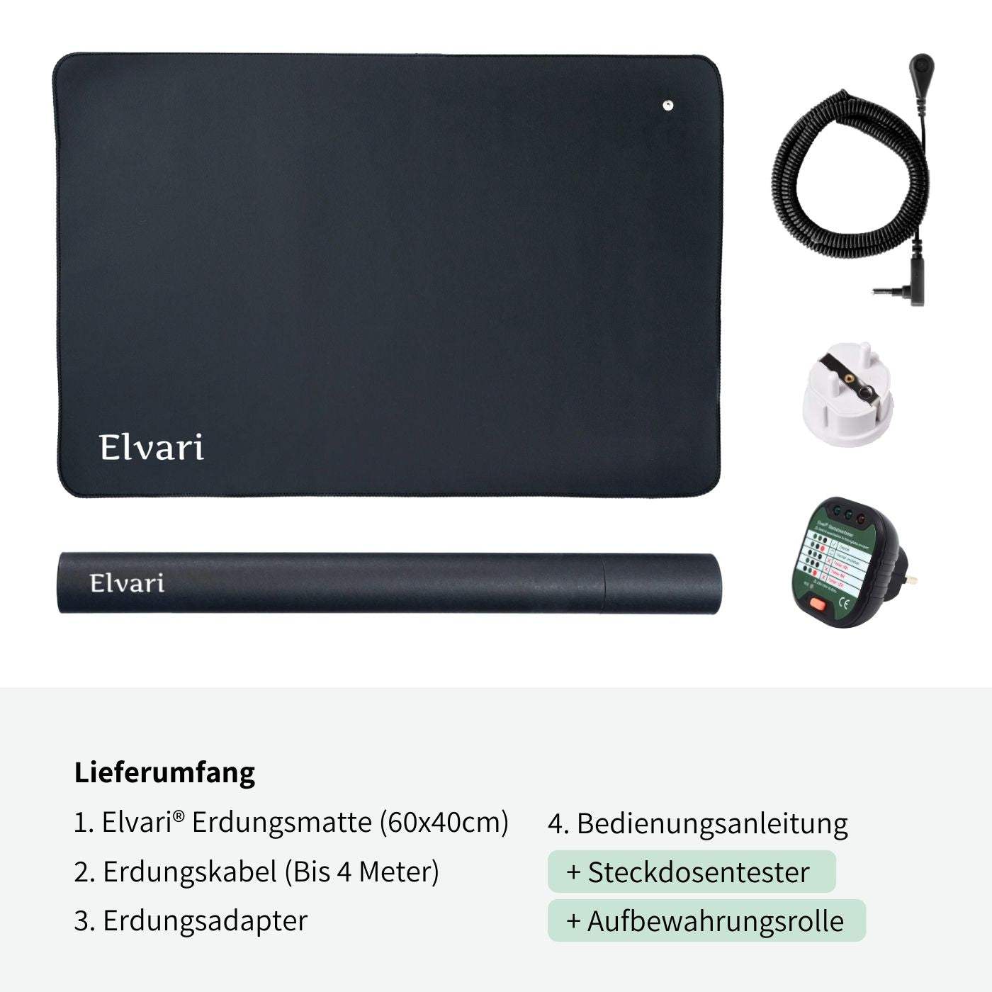 Lieferumfang der Elvari® Erdungsmatte 60x40cm mit Kabel, Adapter, Tester und Aufbewahrungsrolle, Erdungsmatte online kaufen in Premium Qualität.